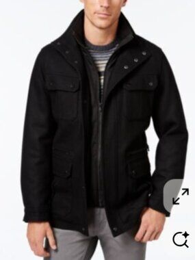 Michael Kors Men's Wool-Blend Field Coat with Attached Bib – Black – Size Medium